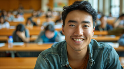 Wall Mural - Portrait of an Asian american happy university student sitting in a college lecture hall