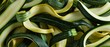 Zucchini ribbons twirling in an abstract dance, celebrating green vitality