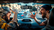Two men in the car fighting and shouting at each other, hands up in anger. The background is a blurred city street view