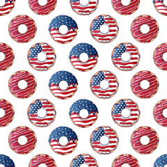 Seamless pattern for 4th of July USA Independence Day with cartoon donuts.