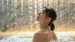 Tranquil Asian woman in a sunlit shower, a moment of relaxation and luxury.