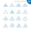 Vector line set of icons related with pyramid. Simple outline sign. Editable stroke.