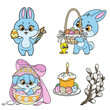 Set of Easter bunnies, eggs and Easter cake and a little chicken sits nearby color variation  for coloring