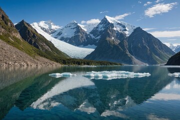 Calm sea near mountain and glacier