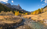 Fototapeta Do pokoju - Autumn in Claree Valley in the French Alps with larch trees. Claree river and Main de Crepin mountain peak. Cerces Massif in Hautes Alpes, France