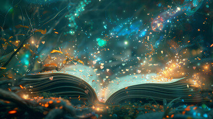 Poster - An open book with pages turning, surrounded by glowing particles and magical symbols; an enchanted forest setting at night; mystical glow illuminating the scene; surrealistic style, vibrant colors