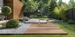 A modern backyard with wooden fence