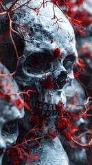 Wall Mural - Haunting Skull Amidst Icy Crimson Branches Sinister Necromantic Impressionism in Photographic Style