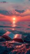Impressionistic Book Binding Floating on Vibrant Ocean Sunset Horizon