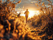  running / jogging in a field / nature towards the sunset / sunrise, low angle view, healthy lifestyle