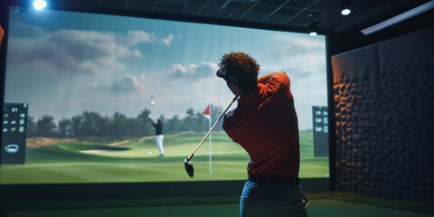 Wall Mural - Man Playing Golf In Indoor Simulator Room, Hitting Ball on Screen in Virtual Golf Course Simulation