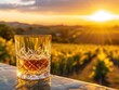 Aged whiskey in a crystal glass, closeup, sunset over vineyard backdrop, golden hour, warm saturation