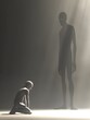 Acknowledgment of Defeat and Submission Conceptual D Silhouette Figure Kneeling Before Shadowy Presence