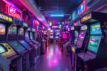 A colorful arcade filled with retro video games and flashing lights, capturing the nostalgia of 80s gaming culture