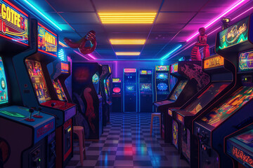 A colorful arcade filled with retro video games and flashing lights, capturing the nostalgia of 80s gaming culture