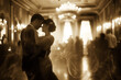 A sepia-toned photograph of a couple dancing romantically at a vintage-themed ballroom event