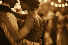 A Sepia-toned Photograph Of A Couple Dancing Romantically At A Vintage-themed Ballroom Event