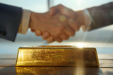 Wall Mural - Gold bar on the table and businessman handshake, Investing or trading and exchanging gold both domestically and internationally, demand and supply on gold