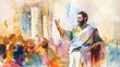 Apostle Paul Preaching with Vibrant Watercolor in Ephesus Symbolizing Boldness and Perseverance in Proclaiming the Gospel, Watercolor Biblical Illustration ,copy space , minimalist