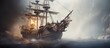 A majestic pirate ship glides through the misty sea, with a towering mountain in the background creating an enchanting scene