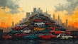 A vibrant stylized illustration depicting a mountain of discarded cars stacked haphazardly