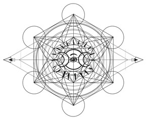 Sticker - Metatron Cube. Moon pagan Wicca moon goddess symbol. Three-faced Goddess, Maiden, Mother, Crone isolated vector illustration. Tattoo, astrology, alchemy, boho and magic symbol. Coloring book..