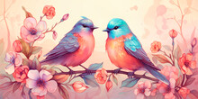 Cute Picture For A Postcard. A Pair Of Birds Sit On A Branch Of Flowers. Watercolor Illustration