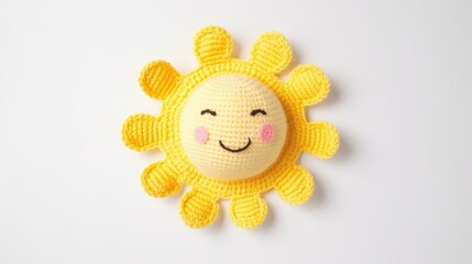 Wall Mural - Knitted, cute sun with a smile on a white background, top view, with space for text. Greeting card, hobbies, knitting, children's toys.