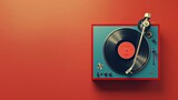 Fototapeta  - A vintage record player from a topdown perspective, showcasing its retro design
