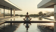 Yoga adept grace young woman sitting in lotus pose and meditating beside pool on Luxury huge house terrace. Active people, Oriental practices in common life, relaxing mental health concept image