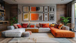  Light grey Interior Room Design: Comfortable orange Sofa with Pillows, framed pictures, Home plants with soft full wall window light. Real Estate, Modern home, renting homes, cozy house concept.