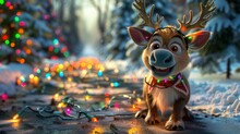Cheerful Reindeer Tangled In Christmas Lights In A Snowy Forest Setting
