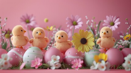 Four cute chicks among Easter eggs and flowers on a vibrant pink background