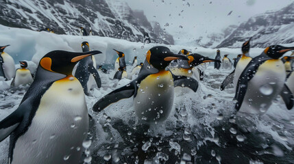Wall Mural - A group of penguins are swimming in the ocean