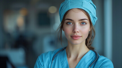 Portrait of a confident young female healthcare worker in scrubs in a modern medical facility.
