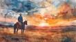 A day in the life of a cowboy, from dawn till dusk, Watercolor style