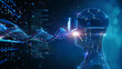 © Hash Graphix - artificial intelligence concept, robot wearing VR headset, with glowing DNA data flow on blue, VR data, and blue blurred background, technology, generative ai