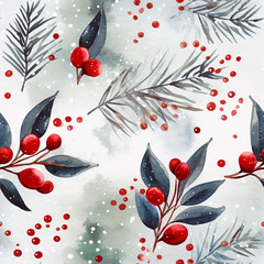 Wall Mural - Festive Watercolor Seamless Pattern With Holly Berry