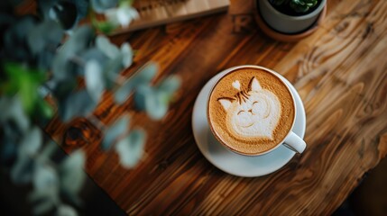 White coffee cup with saucer on wooden table with the morning sun light and shadow of plant, Cute cat face latte art coffee in white cup and hearts for people love animals, generative ai