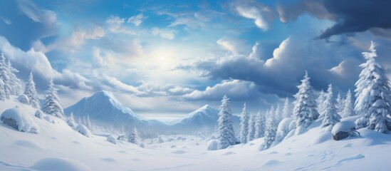 Canvas Print - Majestic snowy mountain landscape with a bright sun shining through fluffy clouds in the sky