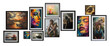 Multiple thin black frames with oil paintings over white transparent background