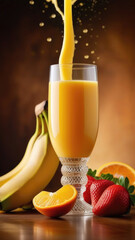 Wall Mural - Multifruit juice is poured into glass, banana, strawberry, orange vitamin smoothie cocktail, vertical picture