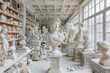 
Una gran sala utilizada como laboratorio de artistas, llena de esculturas: columnas de mármol, bustos, grandes animales