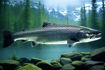 Closeup view of freshwater salmon swimming in clear mountain river, nature conservation concept