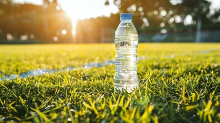 bottle of water on the grass on the sports ground sunny day 