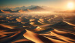 A vast desert landscape at sunrise. The view captures endless rolling sand dunes, each with its own distinct shape and size