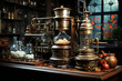 Alchemy and Transformation: Vintage alchemical equipment in antique laboratory.