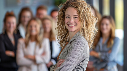 Wall Mural - Smiling Professional Woman with Team in Background. A radiant professional woman with curly hair smiling in the foreground with a diverse team slightly blurred behind her.