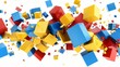 3D render, abstract colorful fragments, broken cube. Blue red yellow polygonal mosaic elements. Split geometric object, isolated on white.