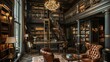 Luxurious library with close-up on ornate hanging shelves, filled with rare books. Inspired design meets timeless elegance